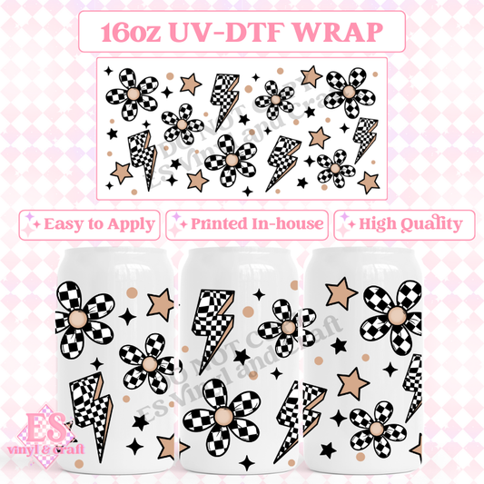 Checker Flowers - 16oz Beer Can / Libbey UV-DTF Transfer image 0