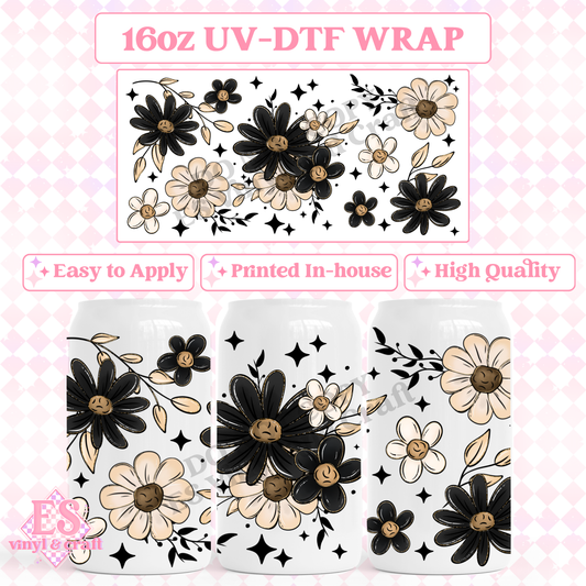 Black and Tan Florals - 16oz Beer Can / Libbey UV-DTF image 0
