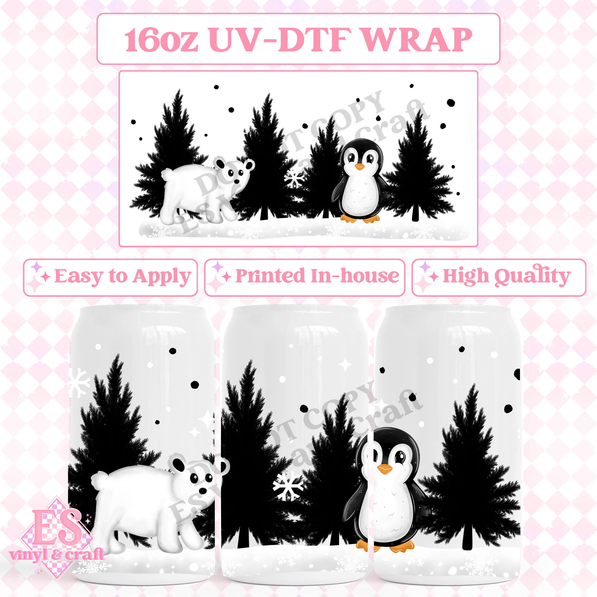 Penguin and Polar Bear - 16oz Beer Can / Libbey UV-DTF image 0