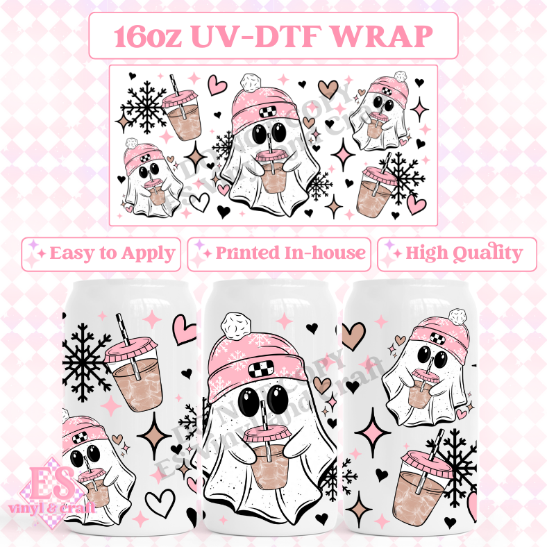 Pink Winter Ghostie - 16oz Beer Can / Libbey UV-DTF Transfer image 0