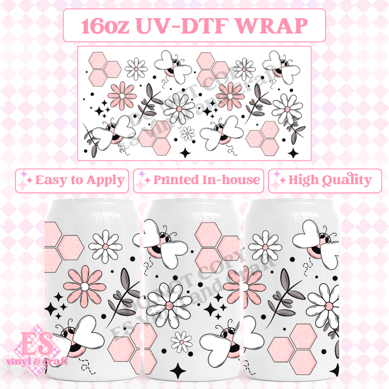 Pink Bees - 16oz Beer Can / Libbey UV-DTF Transfer image 0