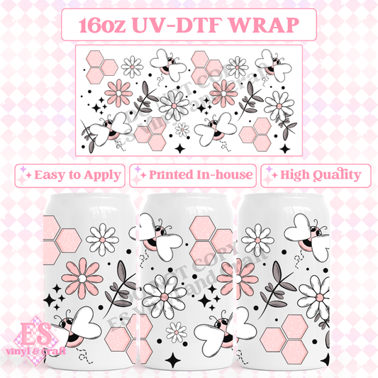 Pink Bees - 16oz Beer Can / Libbey UV-DTF Transfer image 0