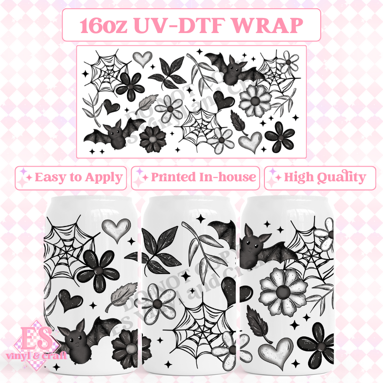 Floral Bat - 16oz Beer Can / Libbey UV-DTF Transfer image 0